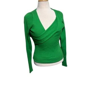 Kelly Green Ribbed Surplice V-Neck Long Sleeve Sweater Top Knit Pullover Medium